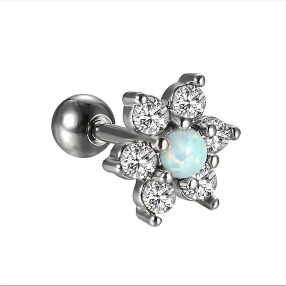 Stainless Steel Clear Petaled Iridescent White Floral Tragus Cartilage Earring